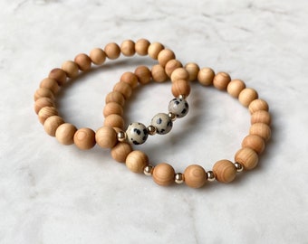 The Cape Cod  |  Wood Bead Bracelet Stack | gold and black speckled accent beads | essential oil diffuser bracelet