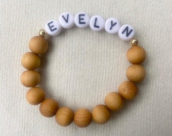 Wood Bead CUSTOM NAME Bracelet Stack | white beads with black letters and gold accent beads | essential oil diffuser bracelet
