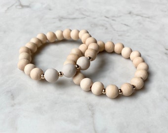 The Greyson |  Wood Bead Bracelet Stack | 14k gold and grey accent beads | essential oil diffuser bracelet