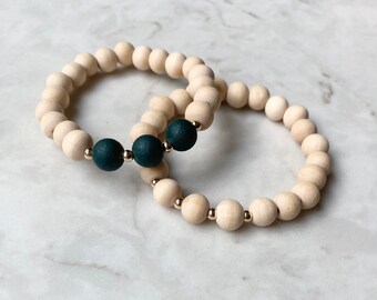 The Alexander |  Wood Bead Bracelet Stack | gold and green accent beads | essential oil diffuser bracelet