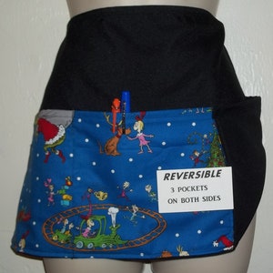 Christmas Grinch on blue server waitress waist apron Reversible 3 pockets on each side 1432 R