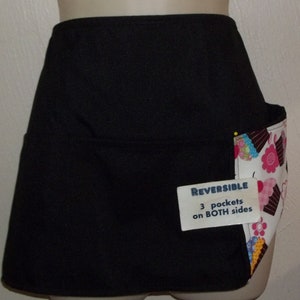 Handmade reversible server waitress waist apron Cupcakes with three pockets on both sides 6050 R image 6