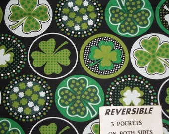 Saint Patty's / Patrick Irish REVERSIBLE Handmade server waitress waist apron Shamrocks circles three pkts both sides 8480 R