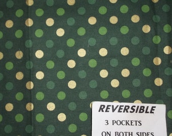 Handmade Reversible GREEN POLKA DOTS server waitress half apron with three pockets on both sides 6692 R