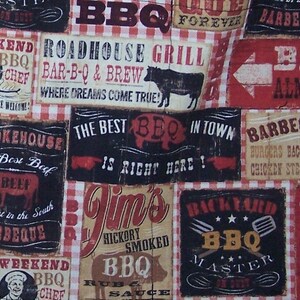 May include: A red and white checkered background with various signs advertising BBQ restaurants. The signs feature text such as "Roadhouse Grill", "Bar-B-Q & Brew", "The Best BBQ in Town", "Jim's Hickory Smoked BBQ", and "Backyard BBQ Master".