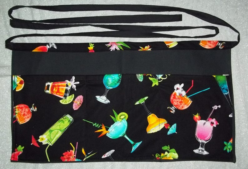 Handmade server waitress waist apron Cocktails drinks with three pockets 6354
