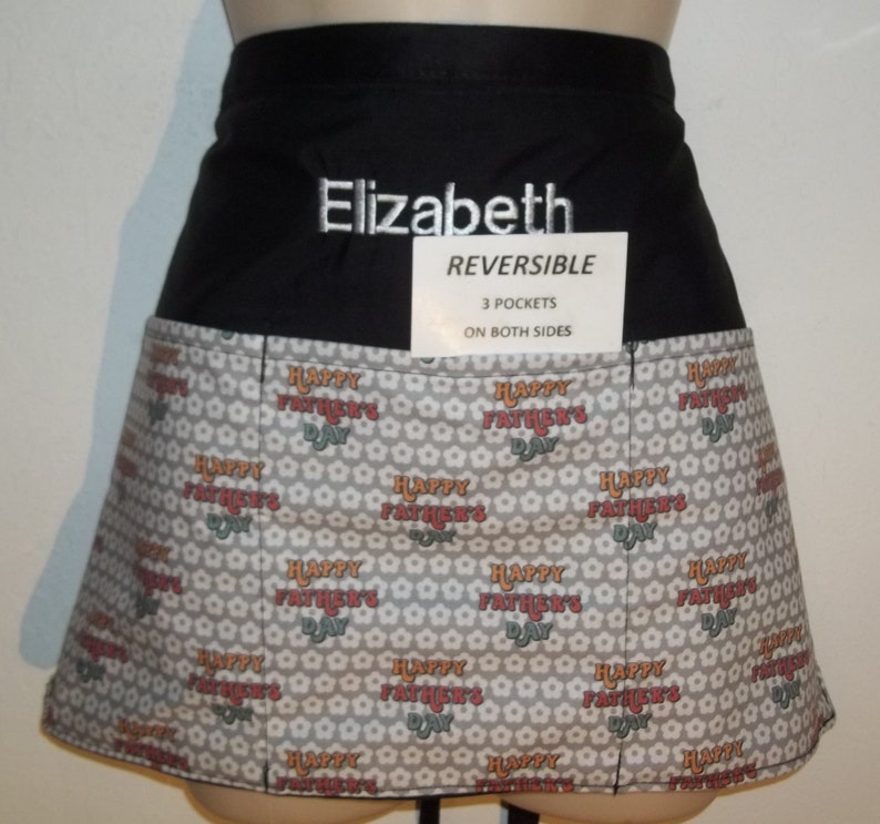 HAPPY FATHERS Day , Handmade Reversible server waitress waiter half apron with three pockets on both sides 6062 R image 4