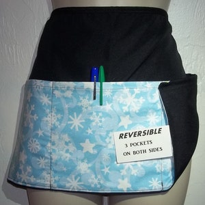 Christmas Snowflakes on blue server waitress waist apron Reversible three pockets on each side 1640 R
