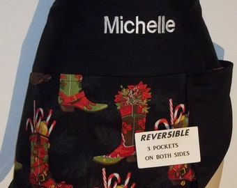 Christmas Cowboy Boots and Hats REVERSIBLE waitress/server aprons 3 pockets  on both sides 1290 R