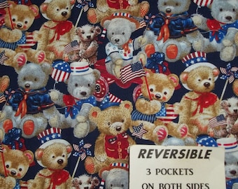 Handmade TEDDY BEARS w Flags reversible server waitress waist apron with three pockets on both sides 6667 R