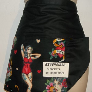 ALL or NOTHING black background, Handmade reversible server waitress waist apron with three pockets on both sides 6771 R