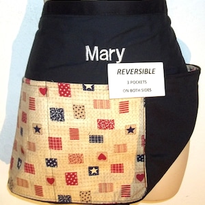 Stars & Hearts Patchwork Handmade reversible server waitress waist apron with three pockets both sides 6330 R