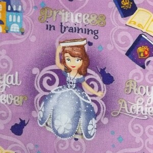 May include: A purple fabric with a cartoon princess in a blue dress holding a book. The text "Princess in training" is written in gold glitter. The fabric also has the text "Royal Forever" and "Royal Achiever" in gold glitter.