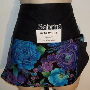Flowers lavender and blue Handmade server waitress waist apron Reversible with three pockets on each side 6403 R