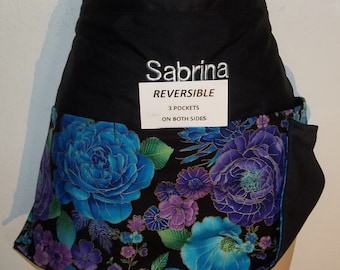 Flowers lavender and blue Handmade server waitress waist apron Reversible with three pockets on each side 6403 R