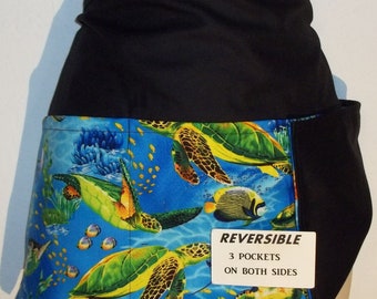 SEA TURTLES  Handmade REVERSIBLE server waitress waist apron with three pockets both sides 6158 R