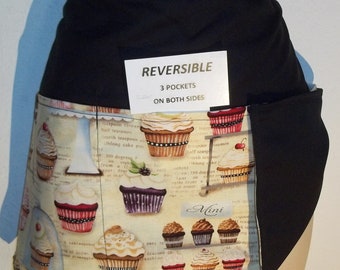Handmade REVERSIBLE server waitress waist apron Bakery Cupcakes with three pockets on both sides 6048 R