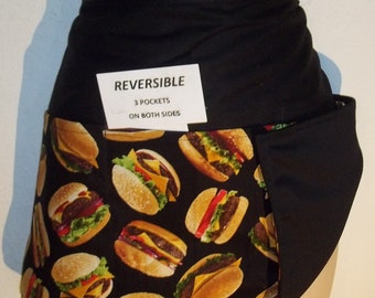 Tablier de serveuse réversible CHEESEBURGER fait main avec trois poches des deux côtés 6051 R