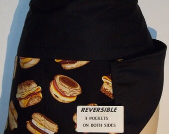 BREAKFAST SANDWICH Reversible Handmade server  waitress waist apron with three pockets both sides 6795 R