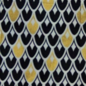 May include: A seamless pattern featuring a repeating design of black, white, and gold teardrop shapes. The teardrop shapes are arranged in a staggered pattern, creating a geometric design.