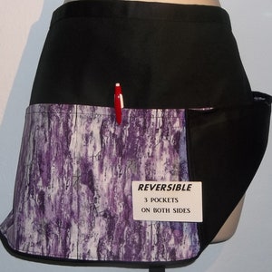 Handmade server waitress waist apron Reversible Purple and White with three pockets 6255 R