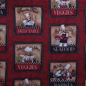 May include: A red fabric with a repeating pattern of black squares. Each square features a cartoon chef with a different food theme. The text "Save the Flavor", "Delectable", "Veggies", "Seafood", "Salad Bar", "Veggies", "Hot Coffee", and "Barista" are included in the design.