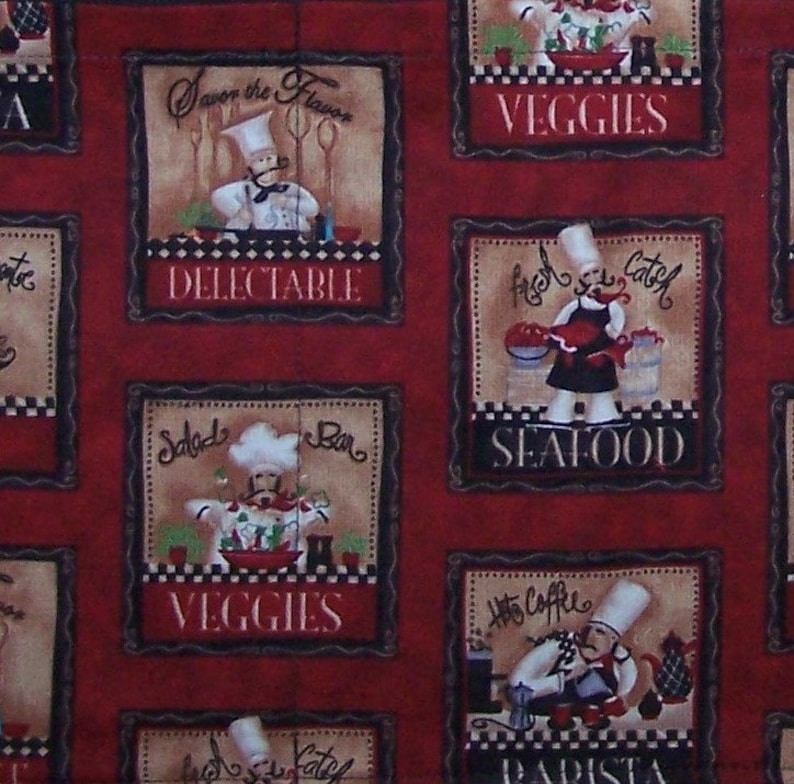 May include: A red fabric with a repeating pattern of black squares. Each square features a cartoon chef with a different food theme. The text "Save the Flavor", "Delectable", "Veggies", "Seafood", "Salad Bar", "Veggies", "Hot Coffee", and "Barista" are included in the design.