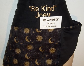 Reversible SUN & MOON on black server waitress waist apron with three pockets each sides  6090 R