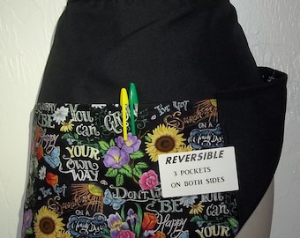 Don't Worry Be Happy Handmade Reversible server waitress half apron with three pockets both sides 6345 R