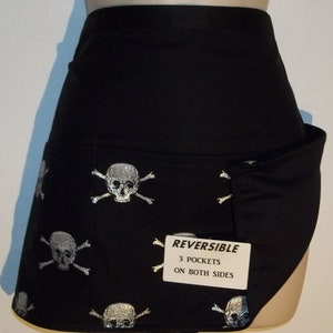 Handmade REVERSIBLE server waitress half apron Metallic Skull and Cross Bones  with three pockets both sides 6137 R