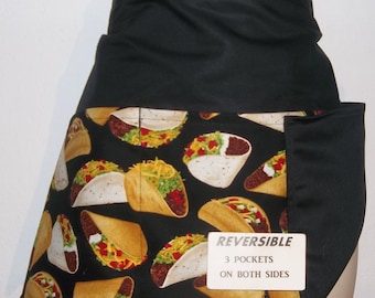 TACOS, Handmade reversible server waitress half apron with three pockets both sides 6206 R