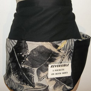 BLACK & WHITE flowers  w FOLIAGE, Handmade reversible server waitress waist apron with three pockets on both sides 6466 R