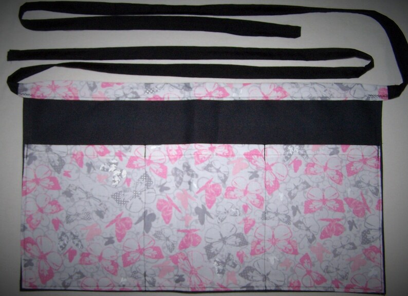 Handmade server waitress waist apron Pink and Silver Butterflies with three pockets 6057