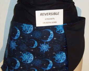 Reversible SUN & MOON on blue server waitress waist apron with three pockets each sides  6088 R