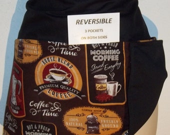 COFFEE TIME Handmade Reversible server waitress waist apron  with three pockets both sides 6809 R