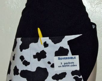 Reversible server waitress waist apron cow print with three pockets each side  6507 R