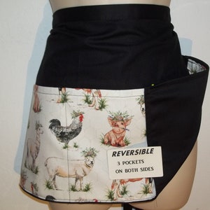 FARM ANIMALS with Flowers , Handmade reversible server waitress waist apron with three pockets on both sides 6473 R