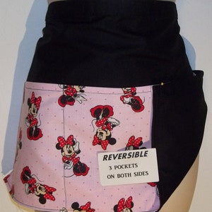 Handmade Reversible server waitress waiter half apron Disney Minnie on pink with three pockets on both sides 6235 R