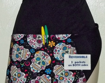 Sugar Skulls with blue eyes Handmade reversible server waitress waist apron with three pockets on both sides 6142R