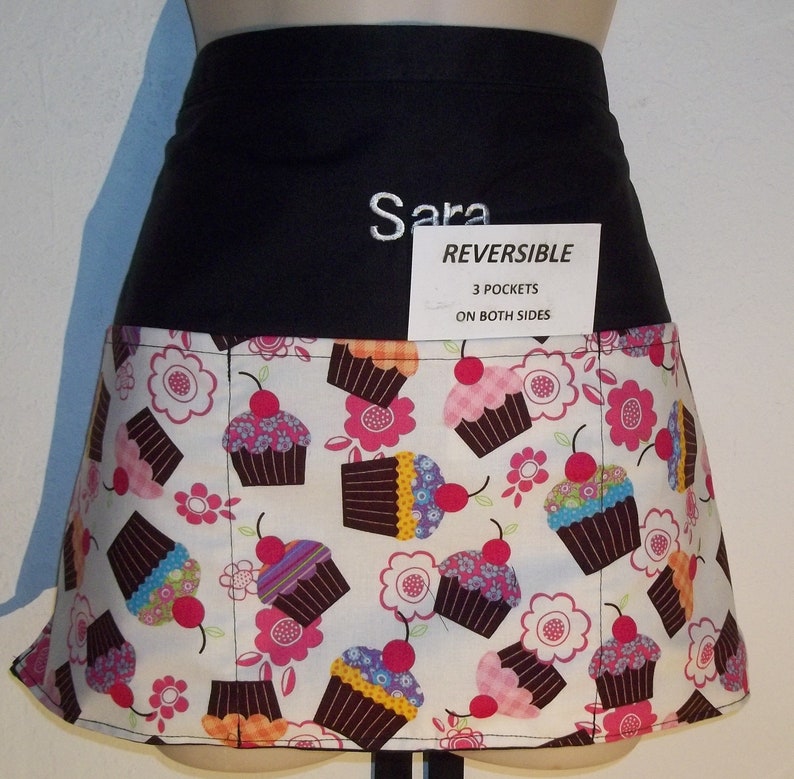 Handmade reversible server waitress waist apron Cupcakes with three pockets on both sides 6050 R image 4
