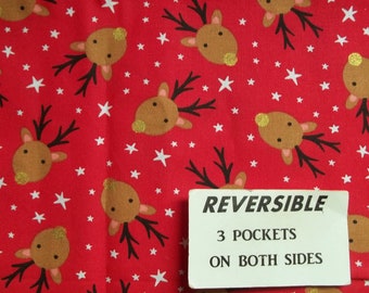 Christmas REINDEER REVERSIBLE server waitress waist apron three pockets on both sides 1035 R