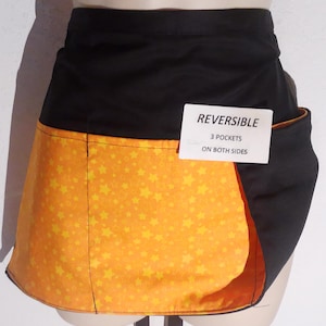 Yellow Stares on Orange Handmade Reversible server waitress waist apron with three pockets on both sides 6075 R