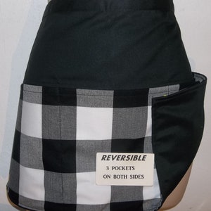 Black, Gray and White Plaid, Handmade reversible server waitress waist apron with three pockets both sides 6316 R