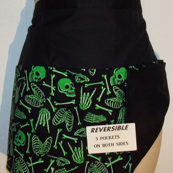 HALLOWEEN Glow in the Dark Skeleton's Handmade Reversible Kellner Kellnerin Taille Kellnerschürze mit 3 Taschen auf jeder Seite 8035 R