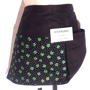 Saint Patty's / Patrick Shamrocks on Black Handmade reversible server waitress waist apron with three pockets on both sides 8467 RS
