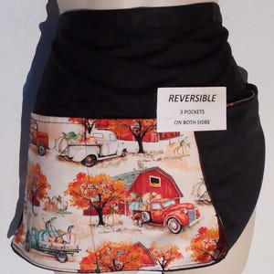Harvest Pick Up Trucks Reversible Handmade Autumn server waitress half waist, waiter apron with three pockets on both sides 8173 R