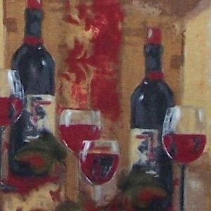 May include: A still life painting of four wine glasses and two bottles of red wine. The glasses are filled with red wine and the bottles are partially obscured by the glasses. The background is a blurred image of a red and gold patterned fabric.