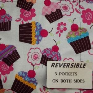 Handmade reversible server waitress waist apron Cupcakes with three pockets on both sides 6050 R image 7