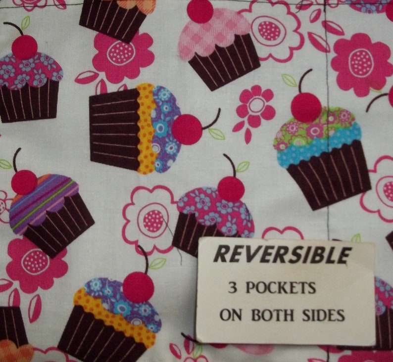 Handmade reversible server waitress waist apron Cupcakes with three pockets on both sides 6050 R image 7