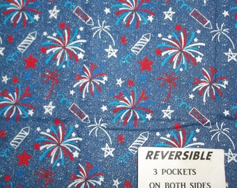 PATRIOTIC FIREWORKS Handmade Reversible Server waitress waiter half apron with three pockets on both side 6309 R